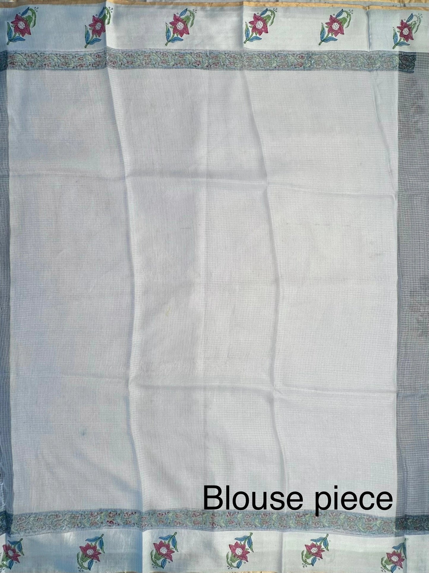 Pastel Blue Hand Block-Print Pure Kota Doria Silk Saree