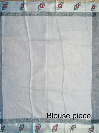 Pastel Blue Hand Block-Print Pure Kota Doria Silk Saree
