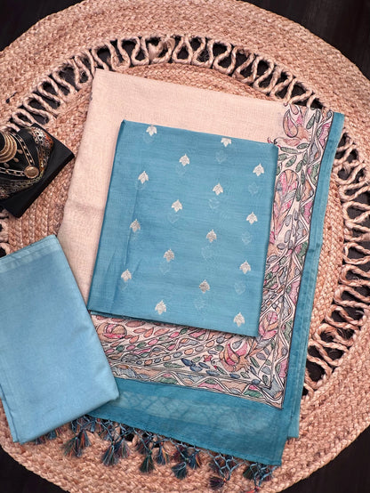 Pastel Blue Chanderi 3-Piece Unstitched Suit with Madhubani Dupatta