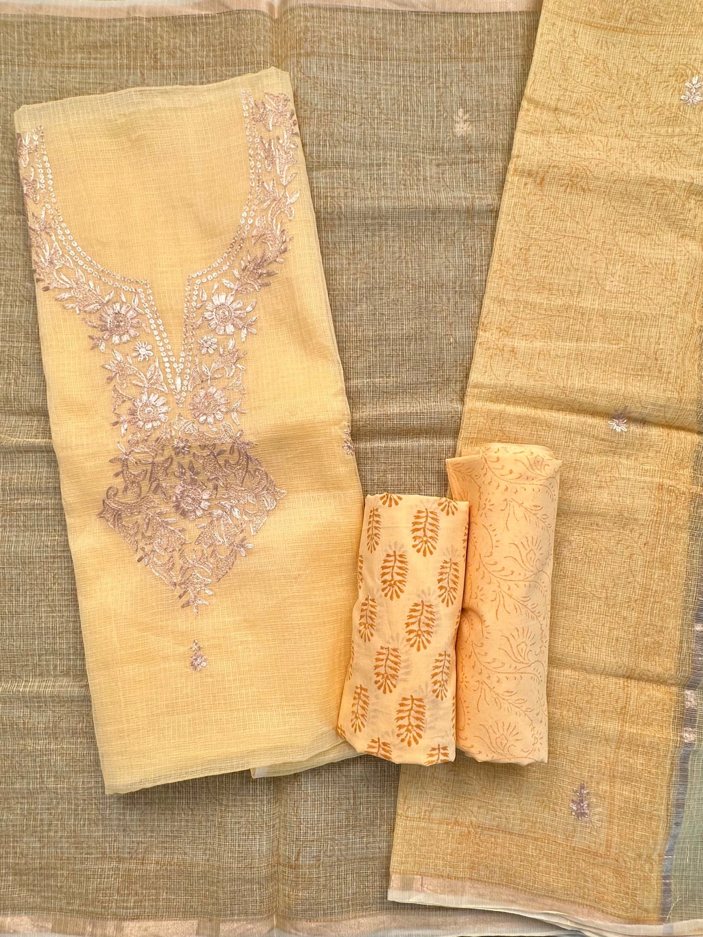 Yellow 4-Piece Kota Doria Cotton Unstitched Suit