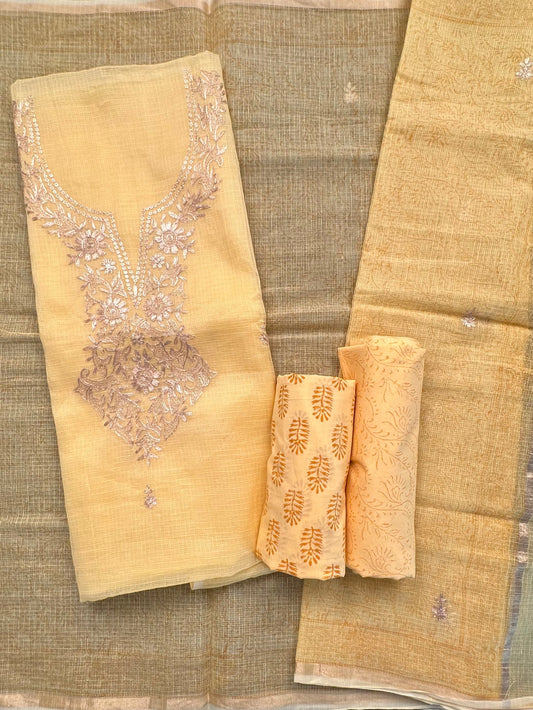 Yellow 4-Piece Kota Doria Cotton Unstitched Suit