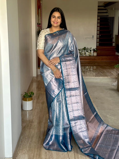 Blue Handloom  Jamawar Pure Tissue Silk Saree