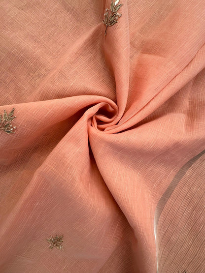 Peach Fancy Cotton Saree With Hand Work