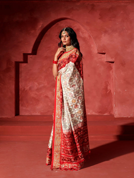 Off White  - Red Ikkat Patola Pure Silk Saree