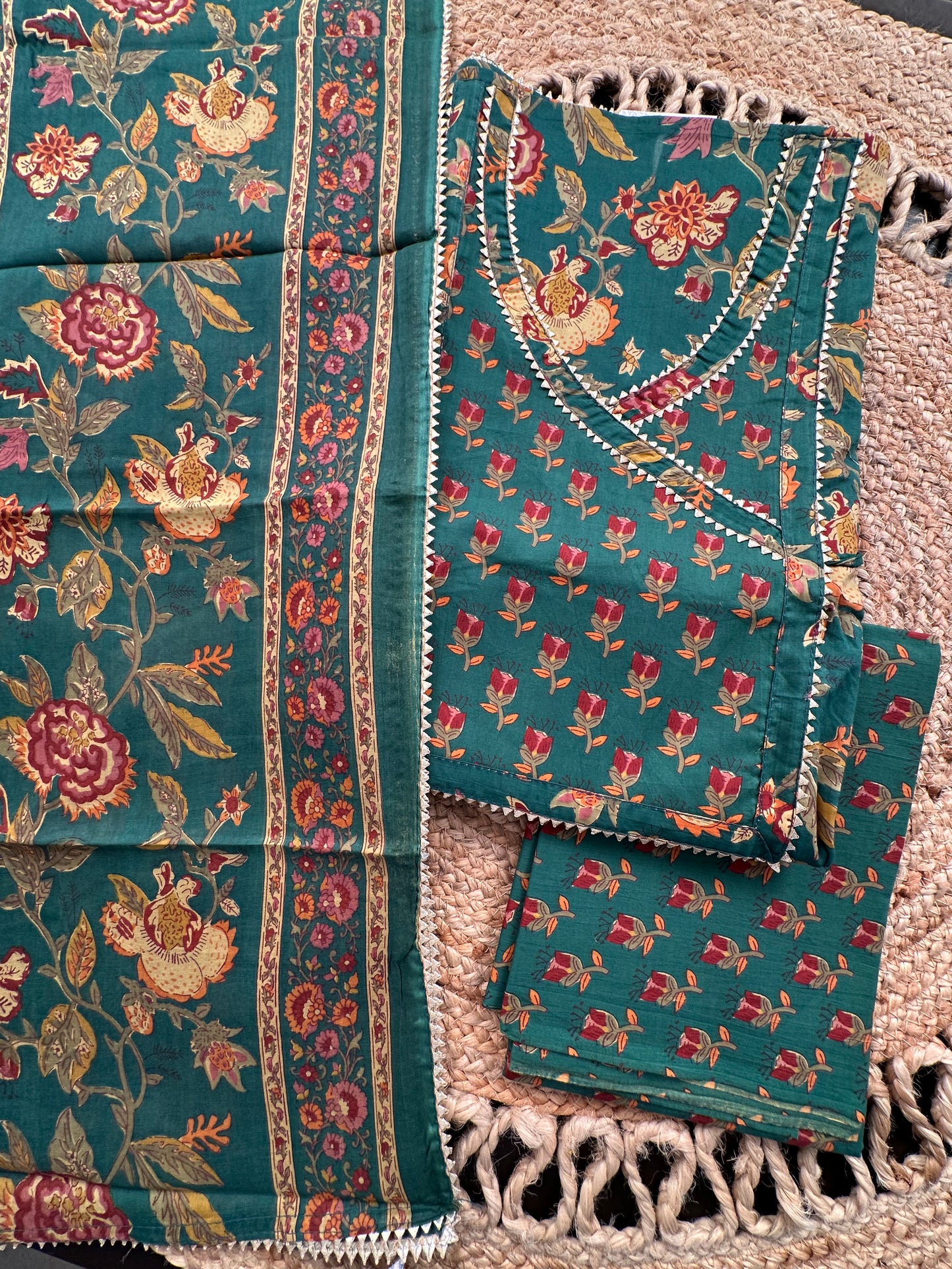 Bottle Green  Angrakha Printed Cotton 3-Piece Suit