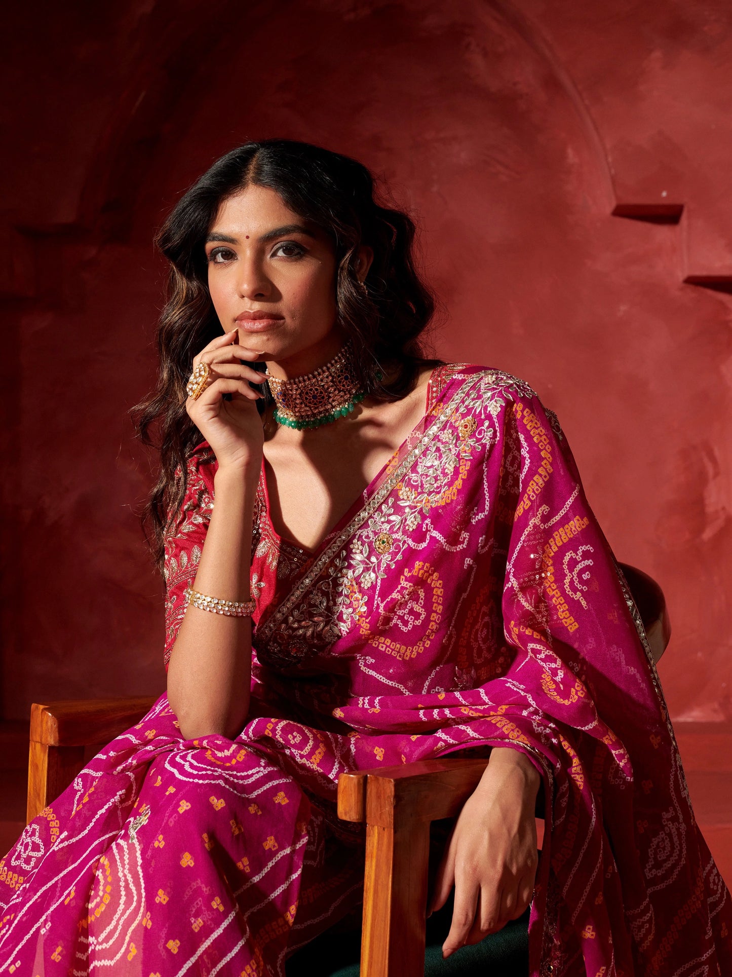 Bandhej Work Chinon Saree