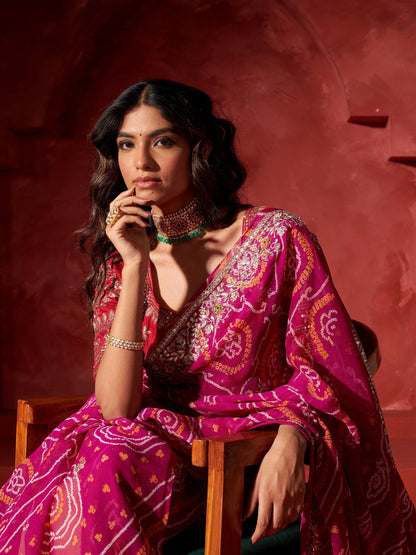 Bandhej Work Chinon Saree