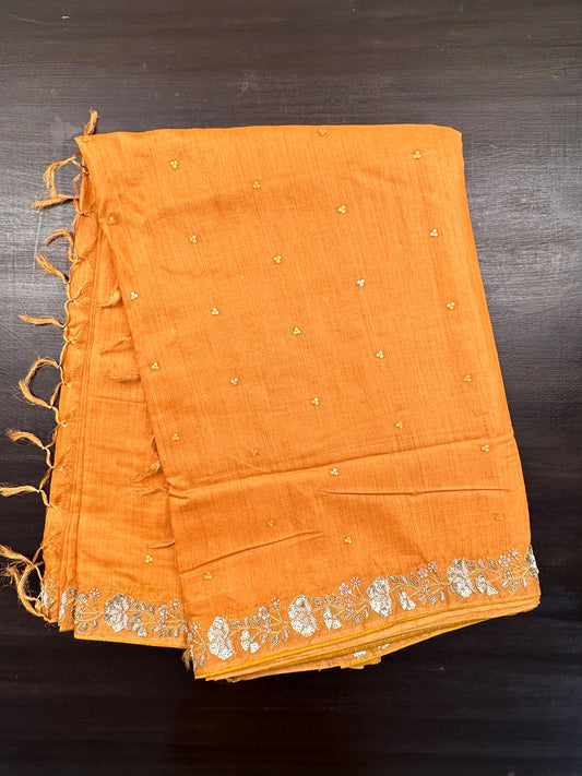 Mustard Tussar-Tissue Silk Saree with Hand Work