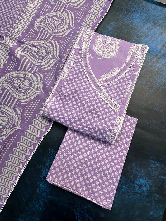 Purple Angrakha Printed Cotton 3-Piece Suit