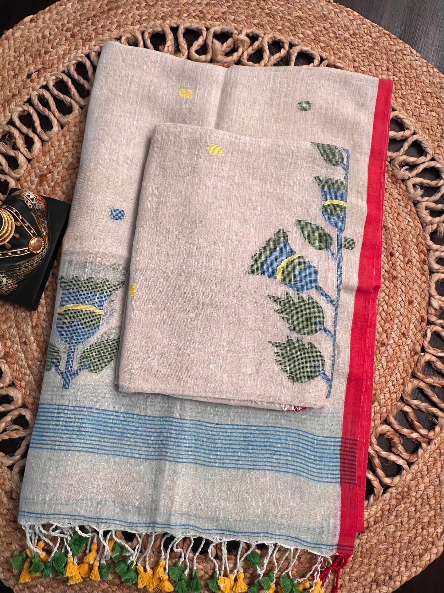 Beige Linen Dhakai 2 Piece Kurta Dupatta Unstitched Set