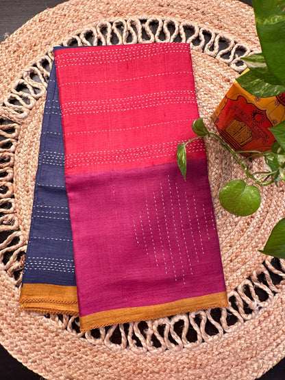 Navy Blue-Red-Magenta Pure Tussar Silk Saree