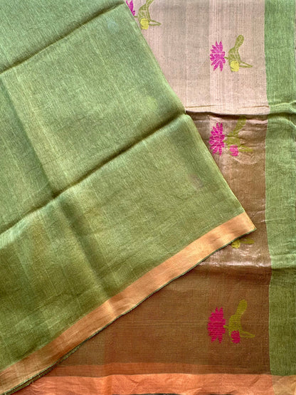 Green Fancy Cotton Tissue Saree ( Linen Texture)