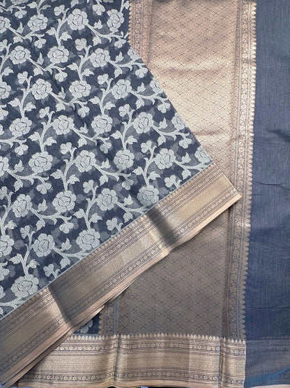 Grey Floral  Emboss Chanderi Saree