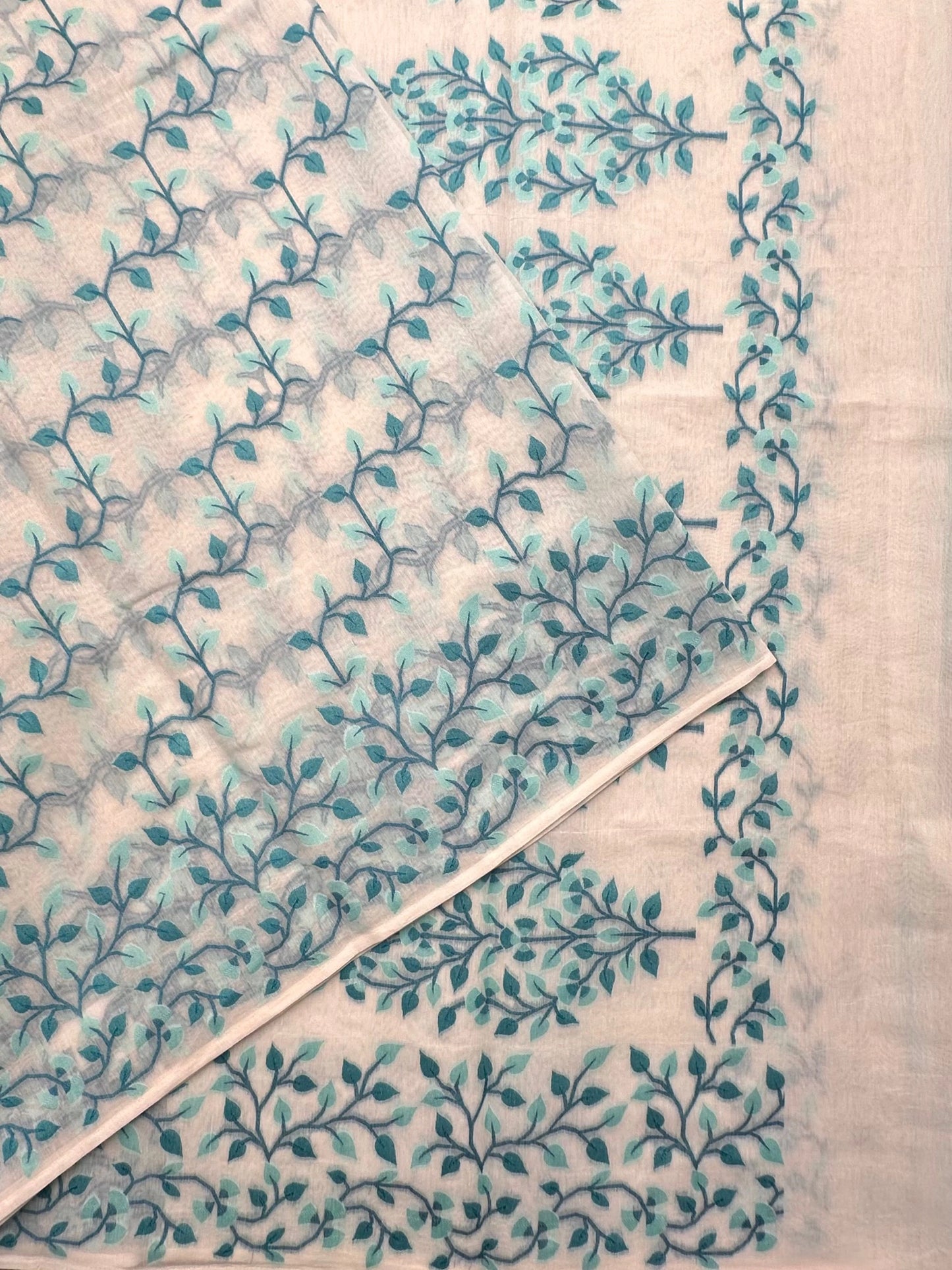 Off White- Sea Green Jamdani Fancy Cotton Saree