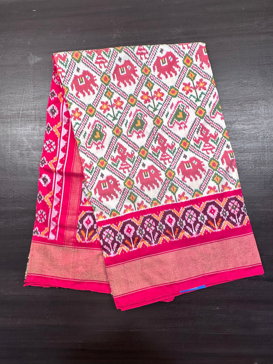 Off White-Red Patola Pure Silk Saree