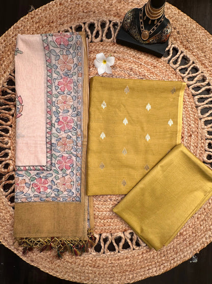 Mehendi Green Chanderi 3-Piece Unstitched Suit with Madhubani Dupatta