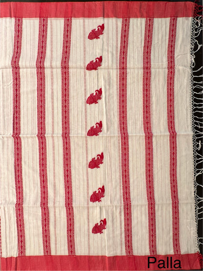 White Red Doodh Aalta Pure Cotton Saree