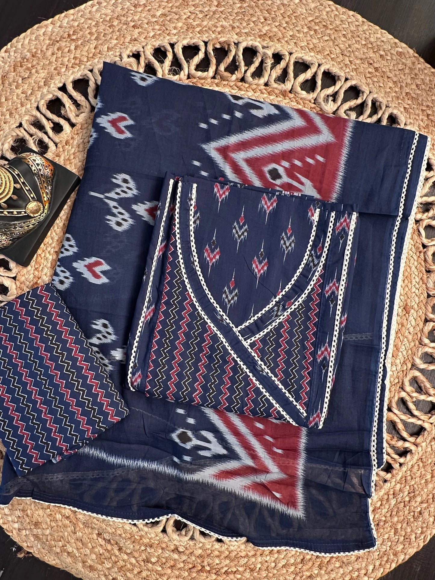 Navy Blue Angrakha Printed Cotton 3-Piece Suit
