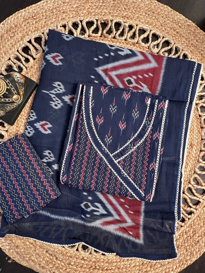 Navy Blue Angrakha Printed Cotton 3-Piece Suit