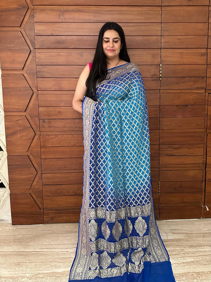 Firozi-Royal Blue Gharchola Bandhej Pure Georgette Saree