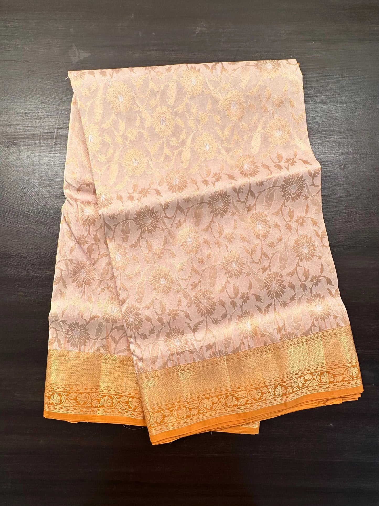 Cream-Mustard Zari Jamawar Pure Silk Saree