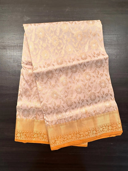 Cream-Mustard Zari Jamawar Pure Silk Saree