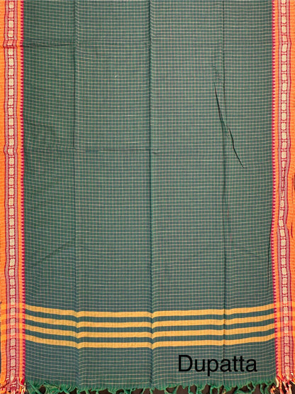 Bottle Green Checkered Dharwad South Cotton 3-Piece Suit