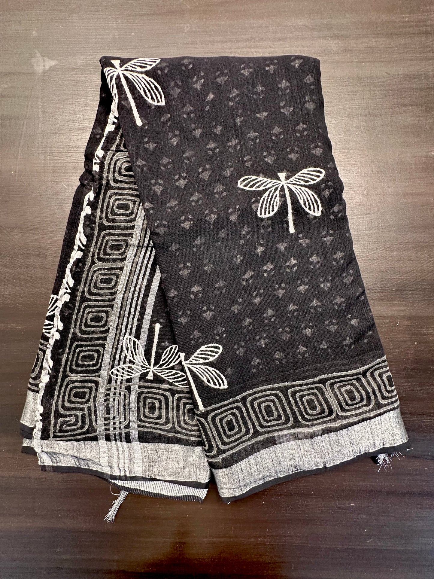 Black Printed Linen Saree