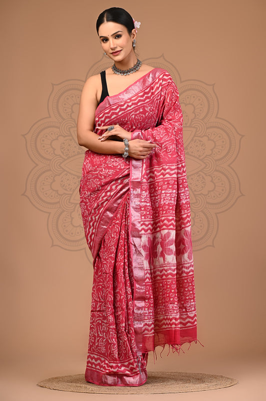 Pink Hand Block Printed Linen Saree