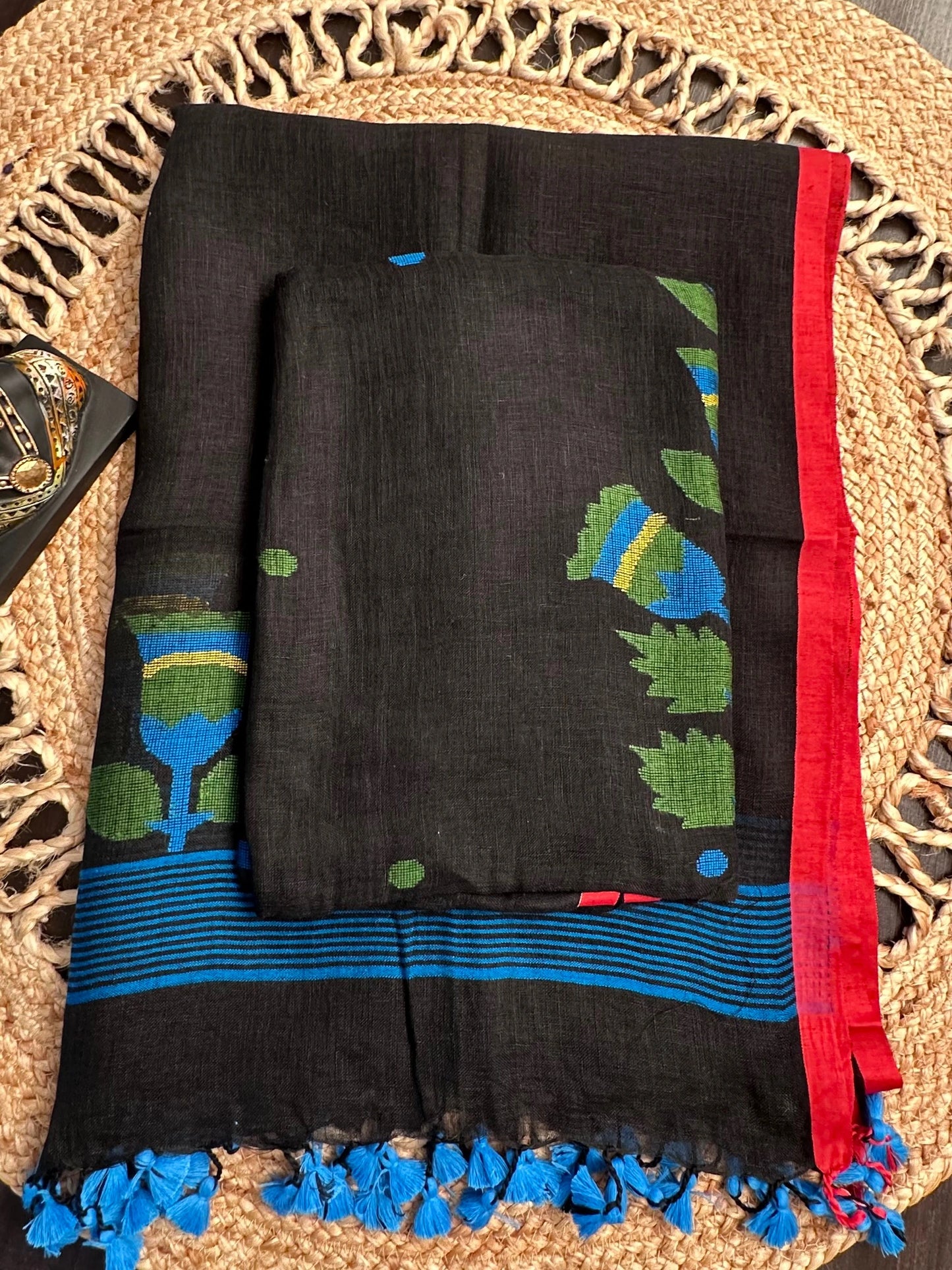 Black Linen Dhakai 2 Piece Kurta Dupatta Unstitched Set