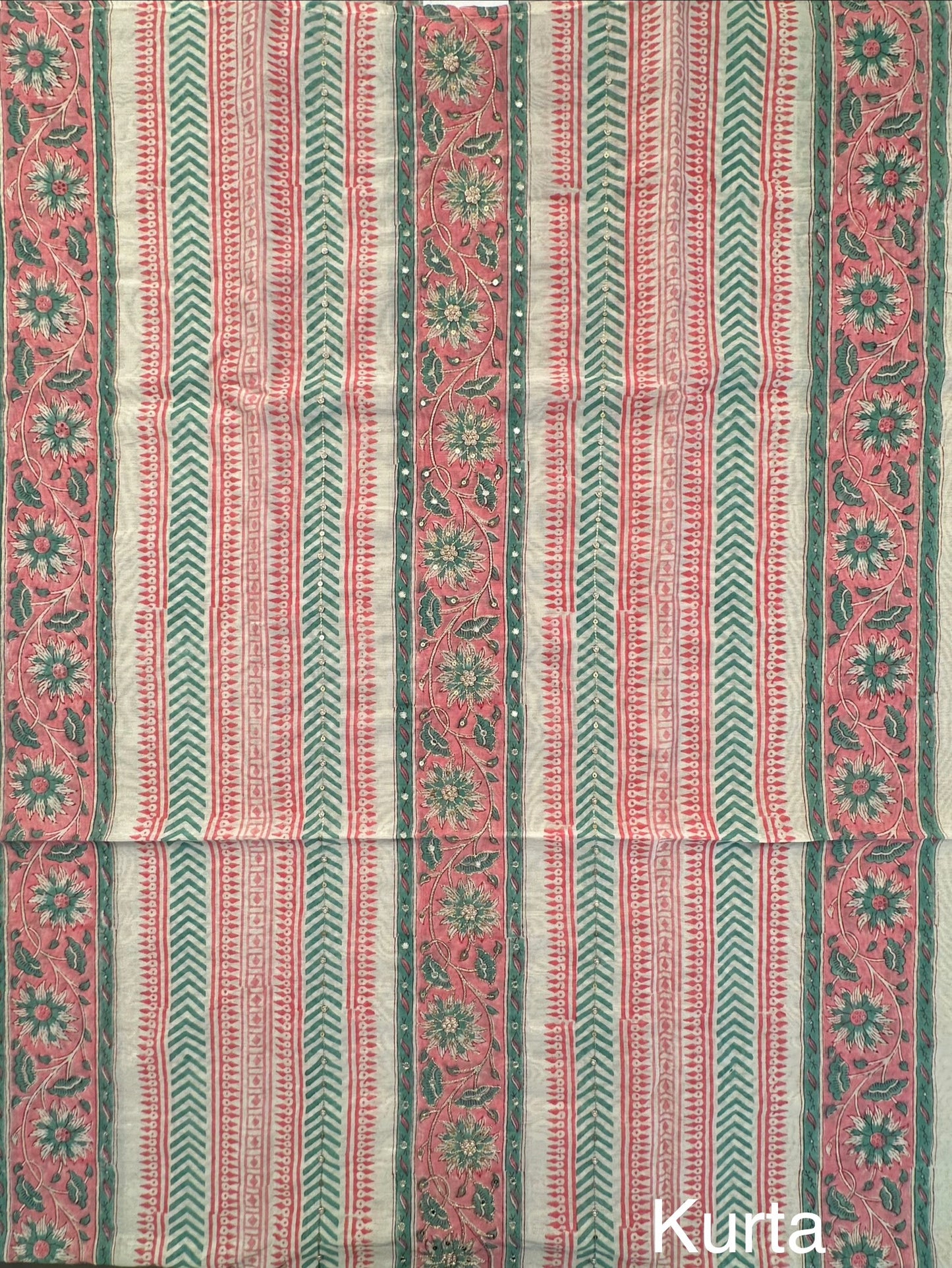 Off White-Pink Hand Block Printed Chanderi 3-Piece Unstitched Suit with Aari Work