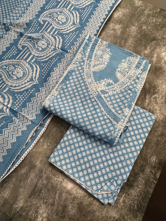 Blue Angrakha Printed Cotton 3-Piece Suit