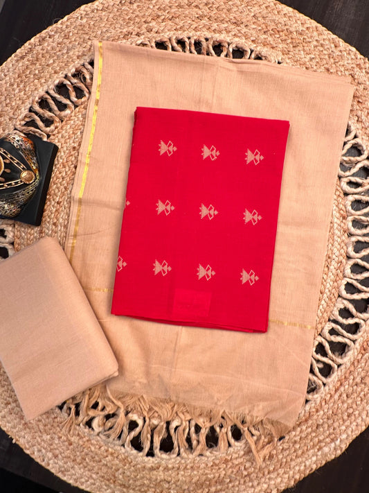 Red-Beige Warli South Cotton 3-Piece Suit