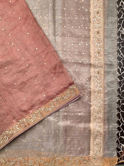 Dusky Pink- Silver Tissue Silk Saree with Hand Work