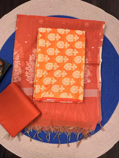 Mustard-Rust Orange Jacquard 3-piece Unstitched Cotton Suit