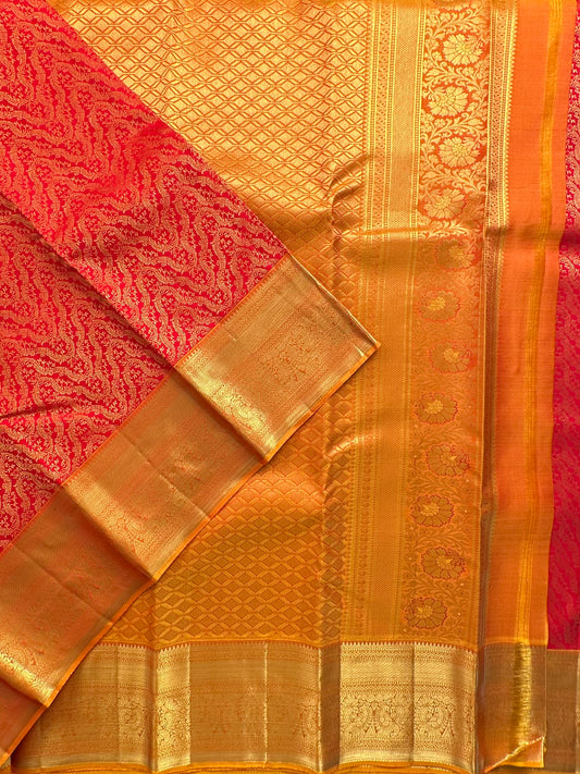 Red-Mustard Handloom Kanjivaram Jamawar Pure Silk Saree