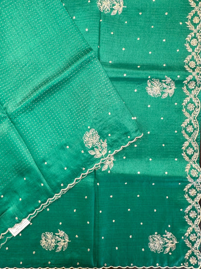 Bottle Green Aari Work Pure Tussar Silk Saree