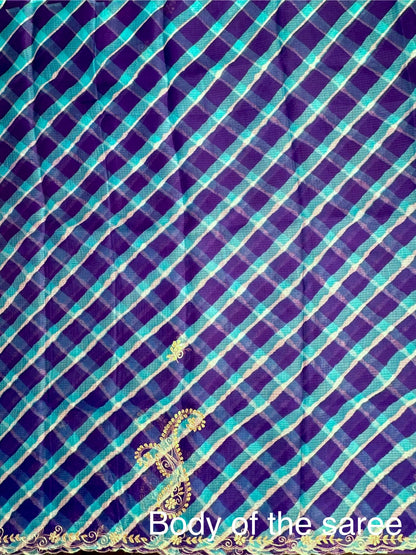 Royal Blue-Firozi Kyra Leheriya Kota Doria Pure Silk Saree With Gota Patti Work