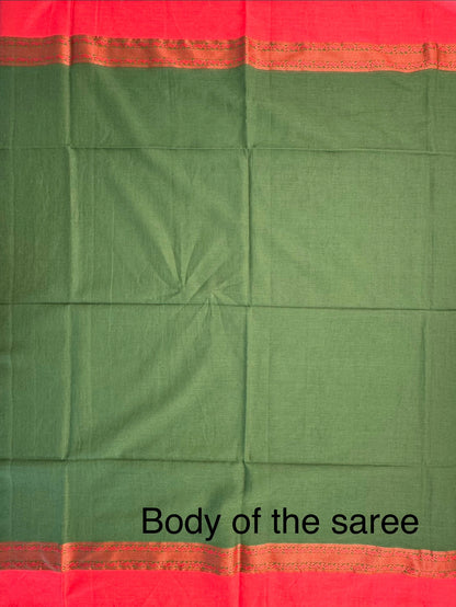 Green-Red Piku Bengal Cotton Saree