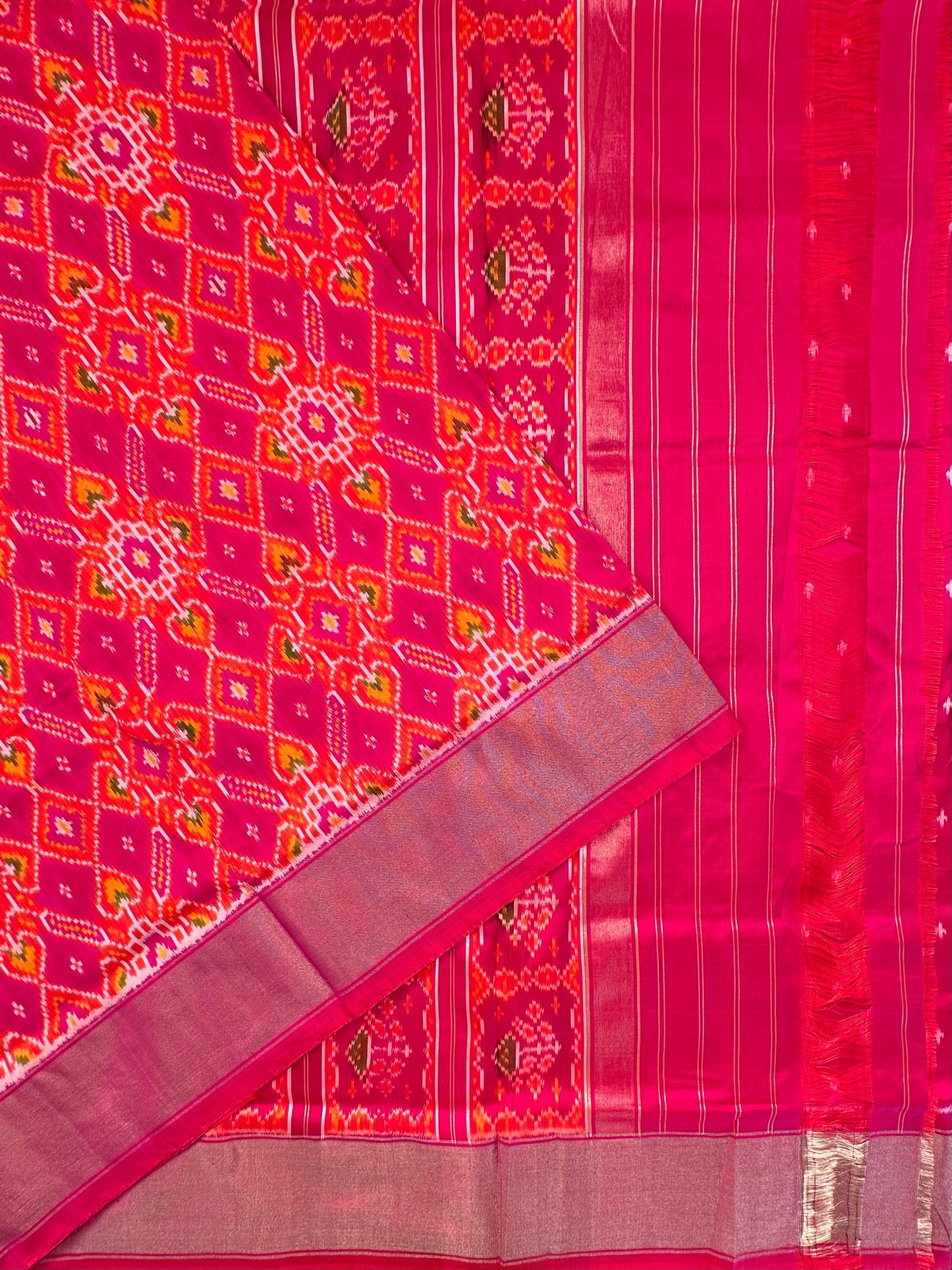 Orange-Rani (Dual Colour) Ikkat Pure Silk Saree