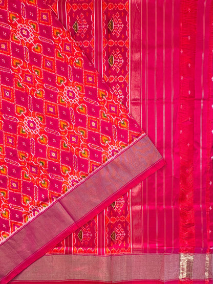 Orange-Rani (Dual Colour) Ikkat Pure Silk Saree