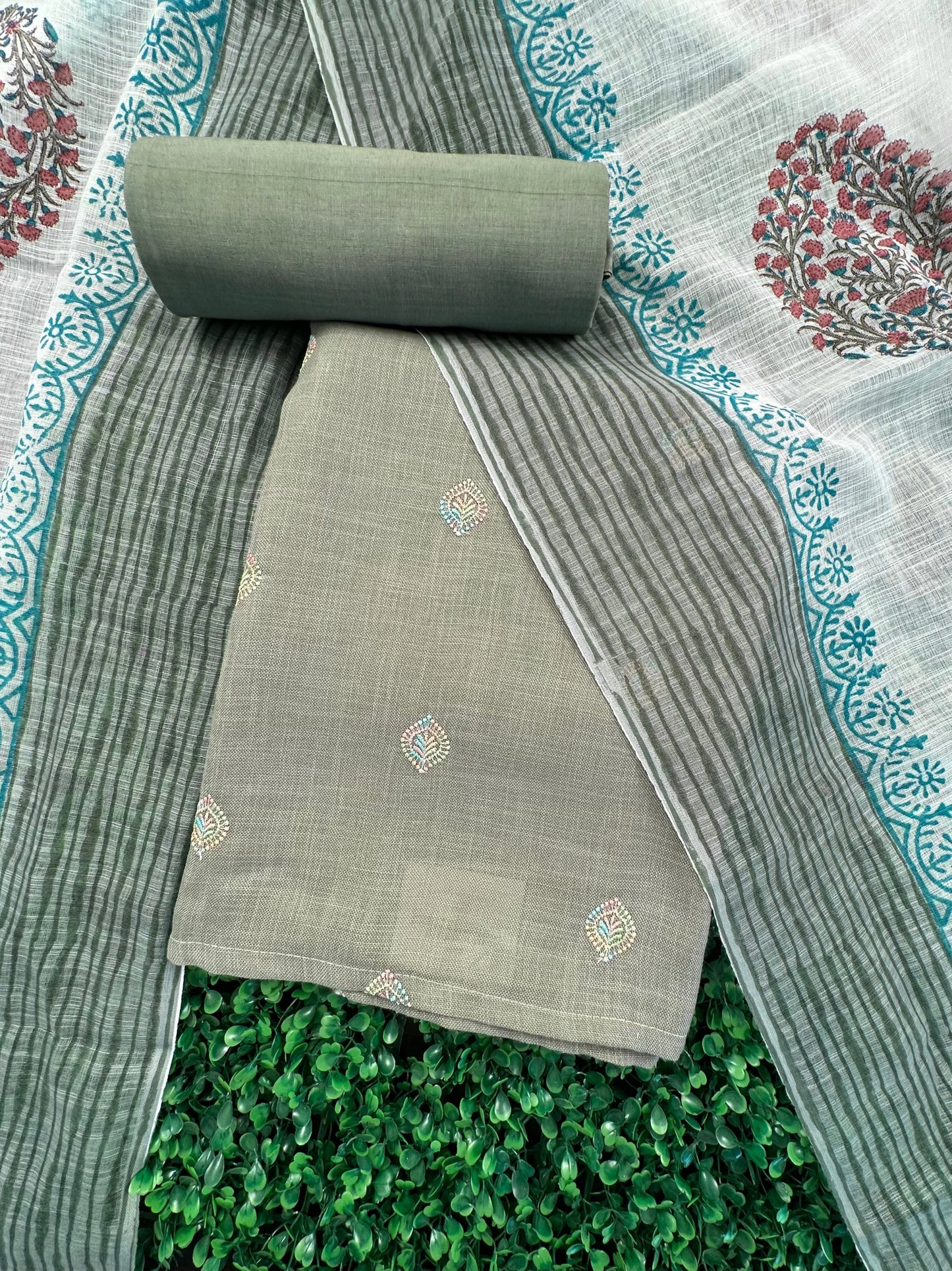 Sage Green Jute Cotton 3-Piece Suit