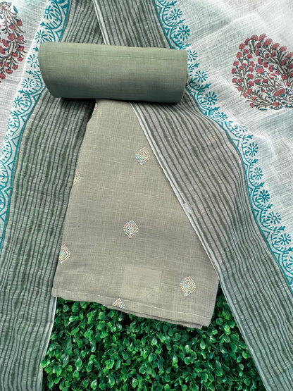 Sage Green Jute Cotton 3-Piece Suit
