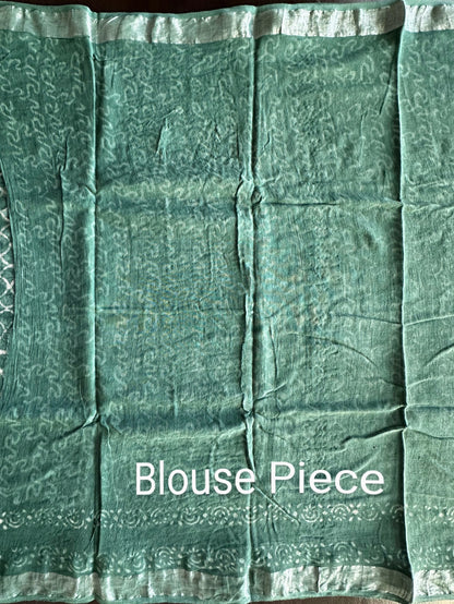 Pista Green Hand Block Printed Linen Saree
