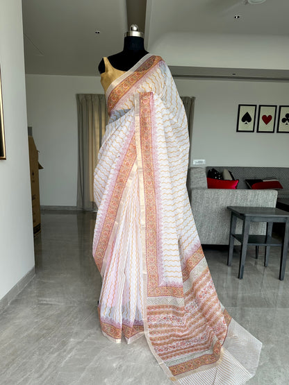 Off White- Black Block Printed Kota Doria Cotton Saree