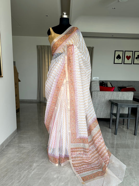 Off White- Black Block Printed Kota Doria Cotton Saree