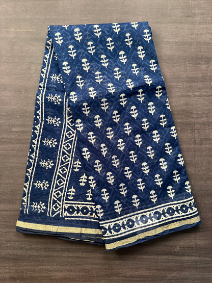 Indigo Blue Printed Cotton Blend Saree