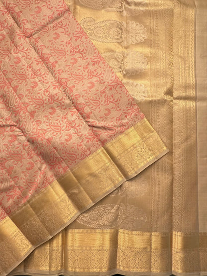 Beige-Pink  Handloom Kanjivaram Jamawar Pure Silk Saree