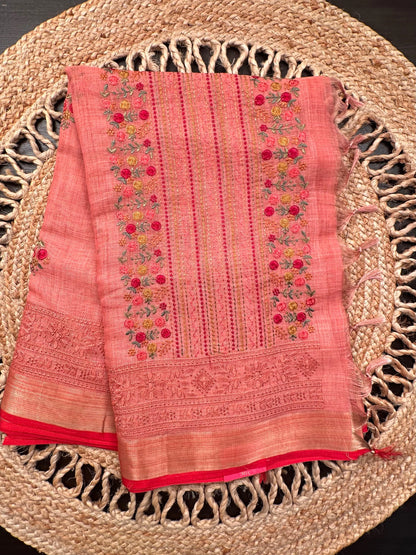 Peach Blended Cotton Saree with embroidery