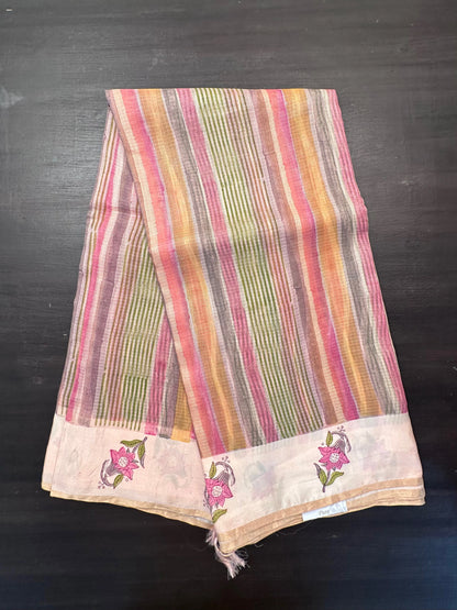 Peach-Multi Colour Hand Block-Print Pure Kota Doria Silk Saree